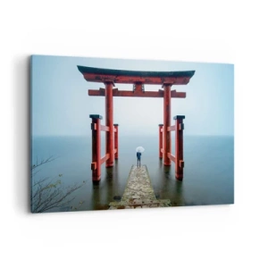 Impression sur toile - Image sur toile - Un portail torii surplombant un lac tranquille au Japon - 120x80cm - Rêverie japonnaise - Décoration murale moderne pour le salon et la chambre ARTTOR
