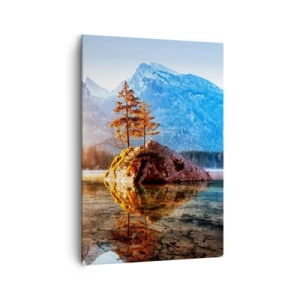 Impression sur toile - Image sur toile - Un lac avec des îles et des montagnes en arrière-plan au lever du soleil - 70x100cm - La nature sous un nouveau jour - Décoration murale moderne pour le salon et la chambre ARTTOR