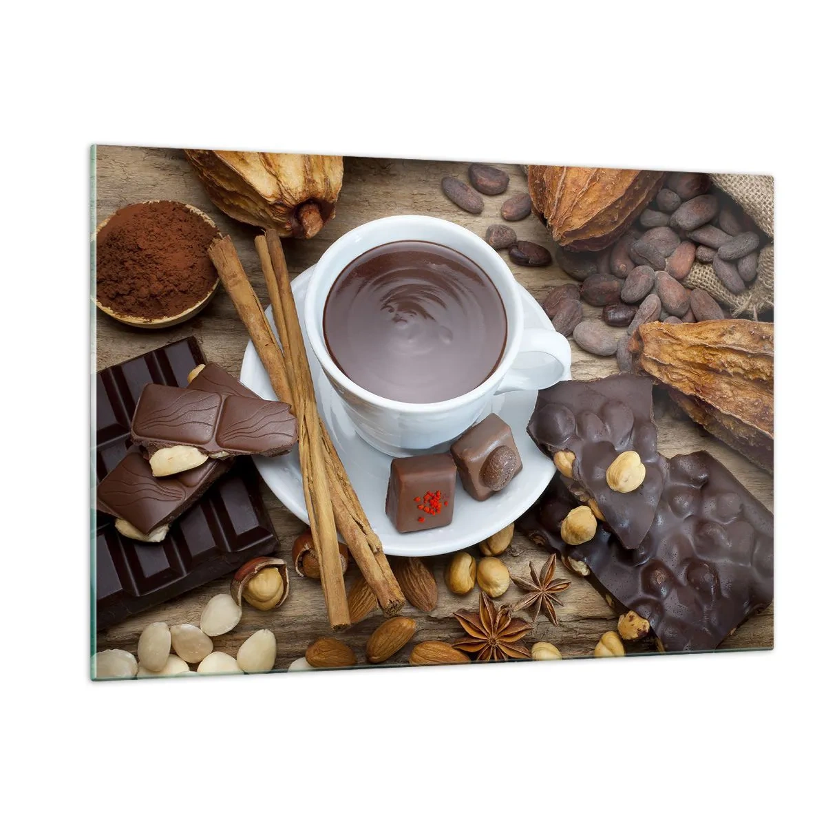 Impression sur verre - Image sur verre - Une tasse de chocolat chaud avec des garnitures sur un fond rustique - 120x80cm - D'une chocolaterie de conte de fées - Décoration murale moderne pour le salon et la chambre ARTTOR