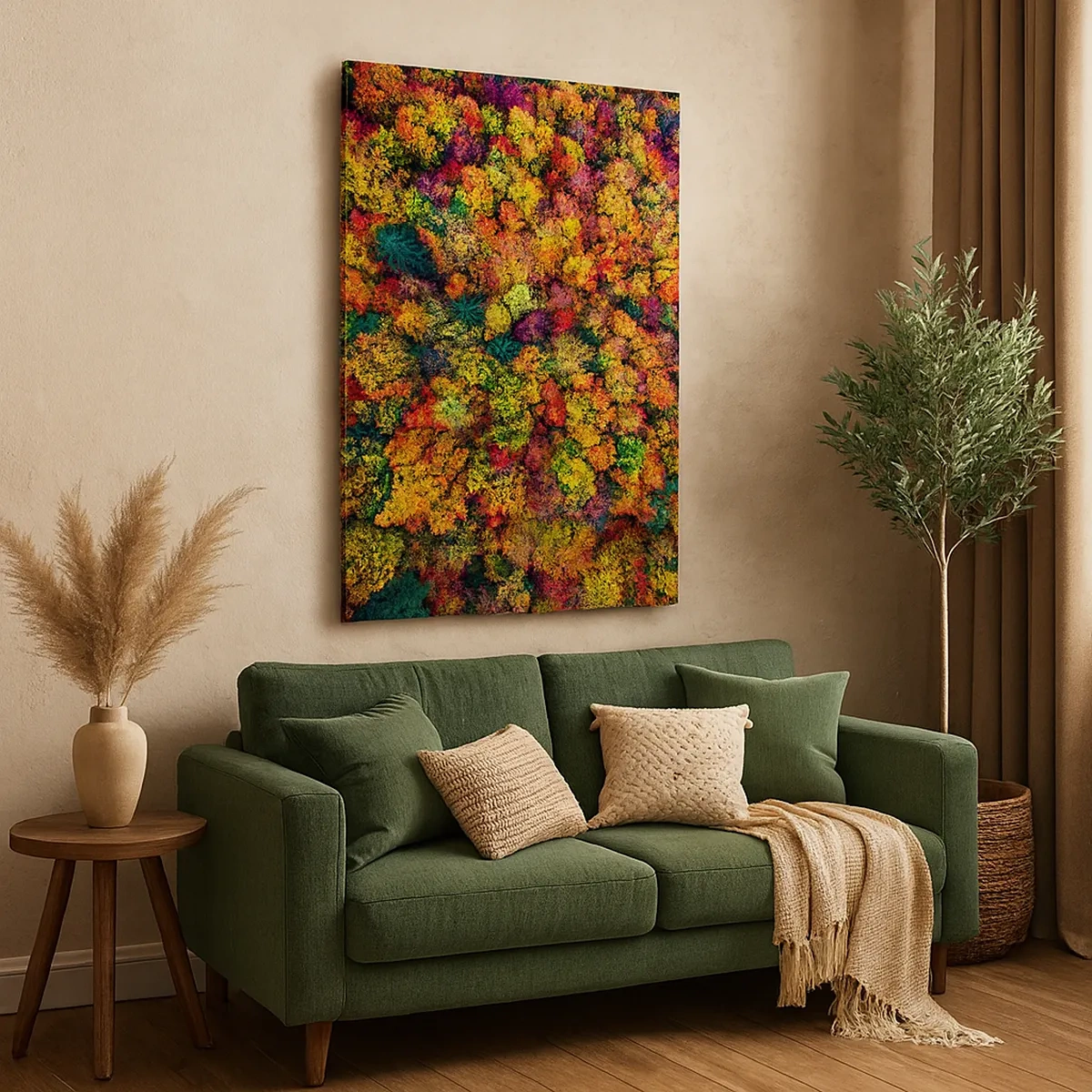 Impression sur toile - Image sur toile - Couronnes d'arbres colorées dans la palette d'automne - 50x70cm - Bouquet d'arbres automnal - Décoration murale moderne pour le salon et la chambre ARTTOR