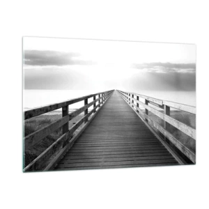 Impression sur verre - Image sur verre - Un pont en bois menant vers l'horizon en noir et blanc - 120x80cm - A perte de vue... - Décoration murale moderne pour le salon et la chambre ARTTOR
