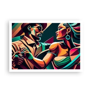 Affiche - Poster - Un couple stylisé dansant dans des couleurs vibrantes et géométriques. - 100x70cm - Au rythme du coeur - Décoration murale moderne pour le salon et la chambre ARTTOR