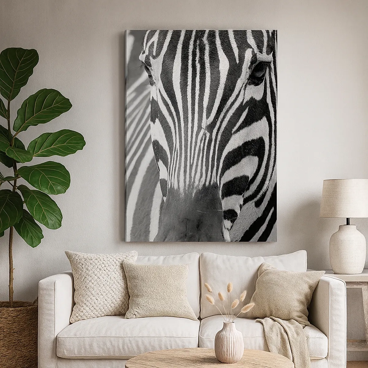 Impression sur toile - Image sur toile - Gros plan noir et blanc d'un zèbre avec ses rayures distinctives. - 50x70cm - Le monde est noir et blanc - Décoration murale moderne pour le salon et la chambre ARTTOR