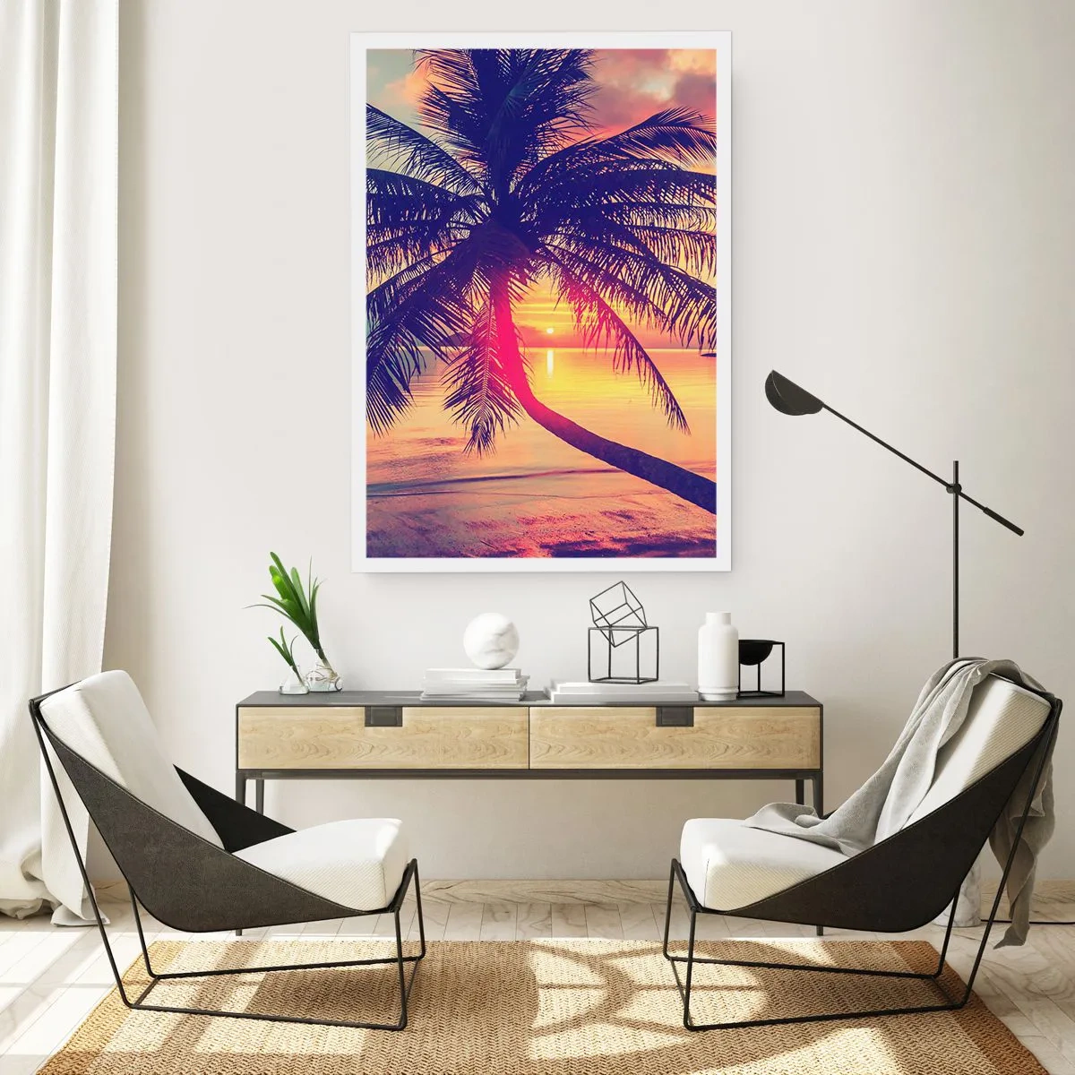Affiche - Poster - Palmier au coucher du soleil surplombant une mer calme - 50x70cm - Soirée sous les palmiers - Décoration murale moderne pour le salon et la chambre ARTTOR