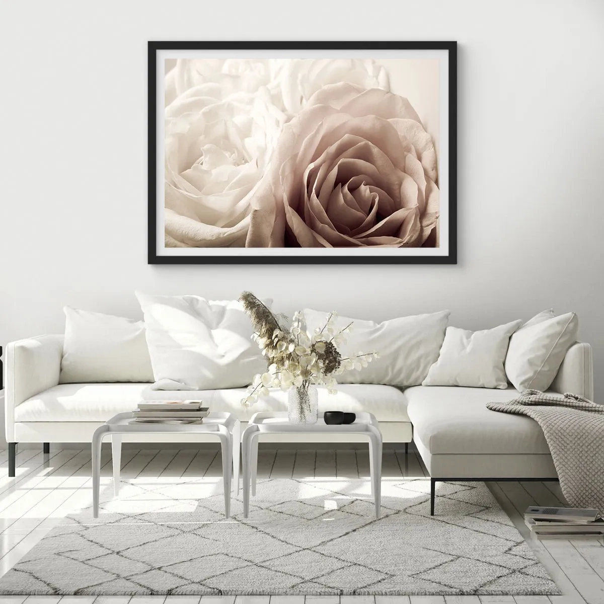 Affiche dans un cadre noir - Poster - Roses délicates dans des tons pastel de beige - 100x70cm - Au coeur d'ue la rose - Décoration murale moderne pour le salon et la chambre ARTTOR