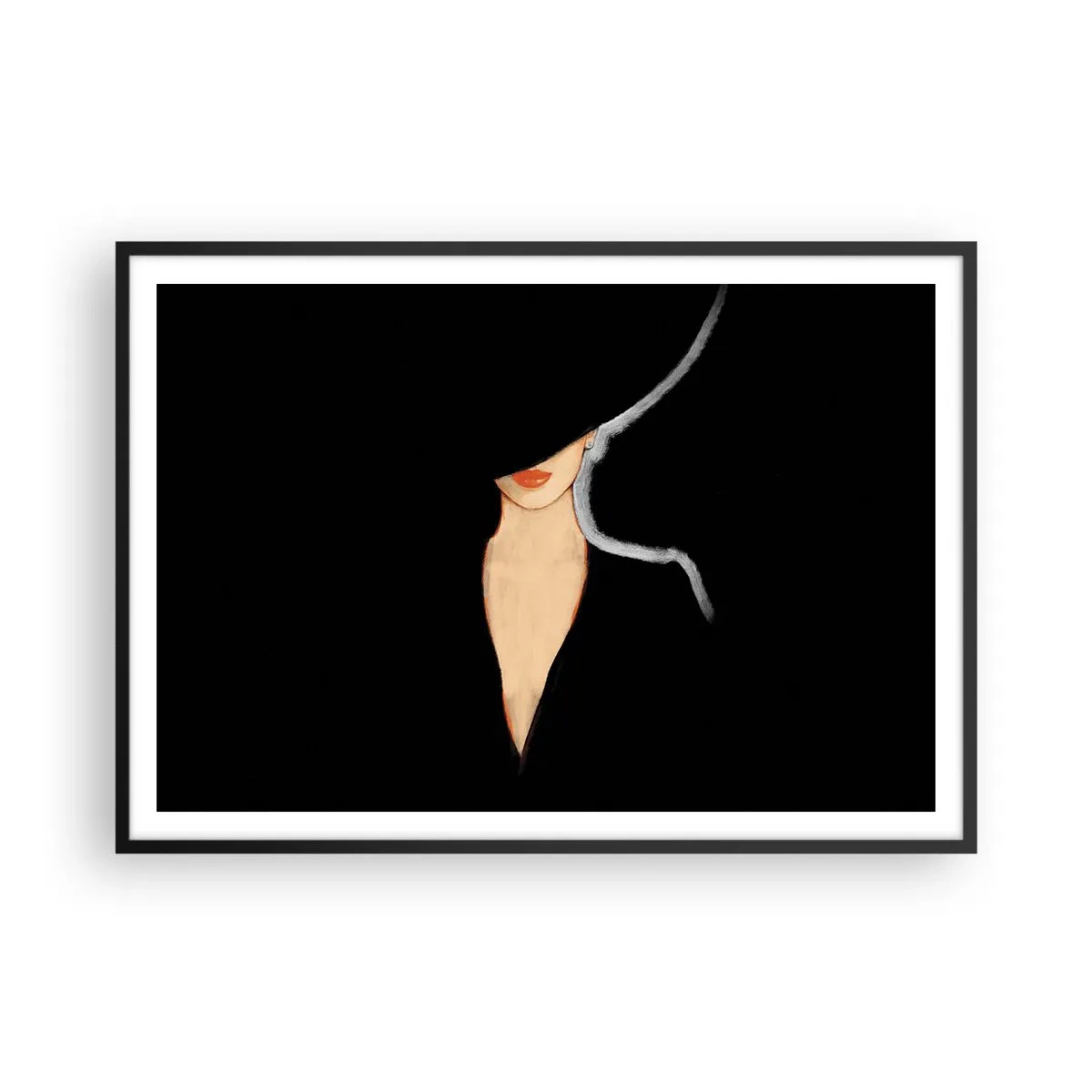 Affiche dans un cadre noir - Poster - Silhouette d'une femme au chapeau sur fond noir - 100x70cm - Élégance et style - Décoration murale moderne pour le salon et la chambre ARTTOR