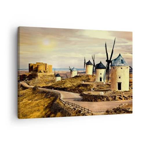 Impression sur toile - Image sur toile - Moulins à vent sur les collines avec un château historique en arrière-plan - 70x50cm - Don Quichotte est sur le point d'arriver - Décoration murale moderne pour le salon et la chambre ARTTOR