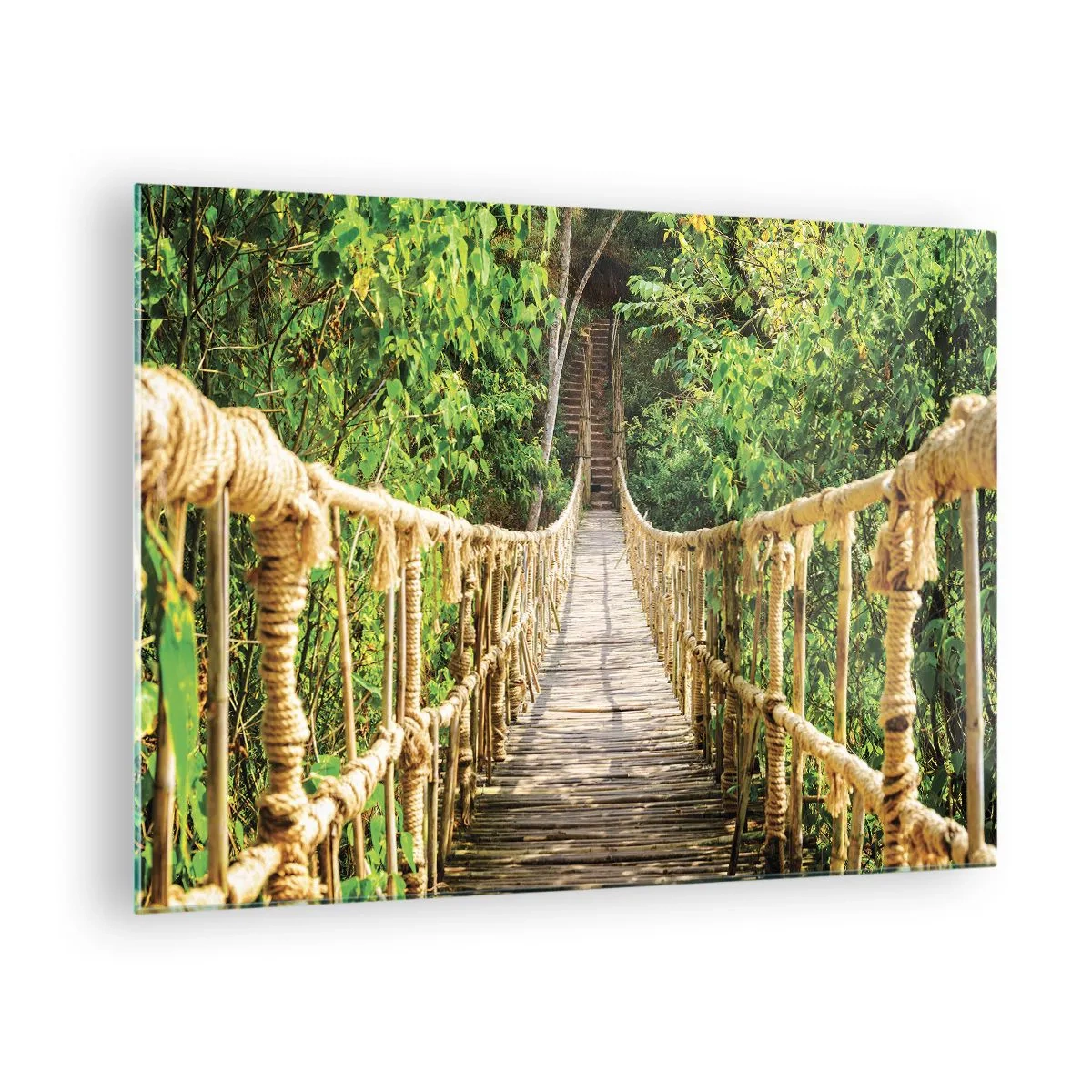 Impression sur verre - Image sur verre - Un pont de corde en bois entouré d'une végétation luxuriante - 70x50cm - Suspendu dans la nature - Décoration murale moderne pour le salon et la chambre ARTTOR