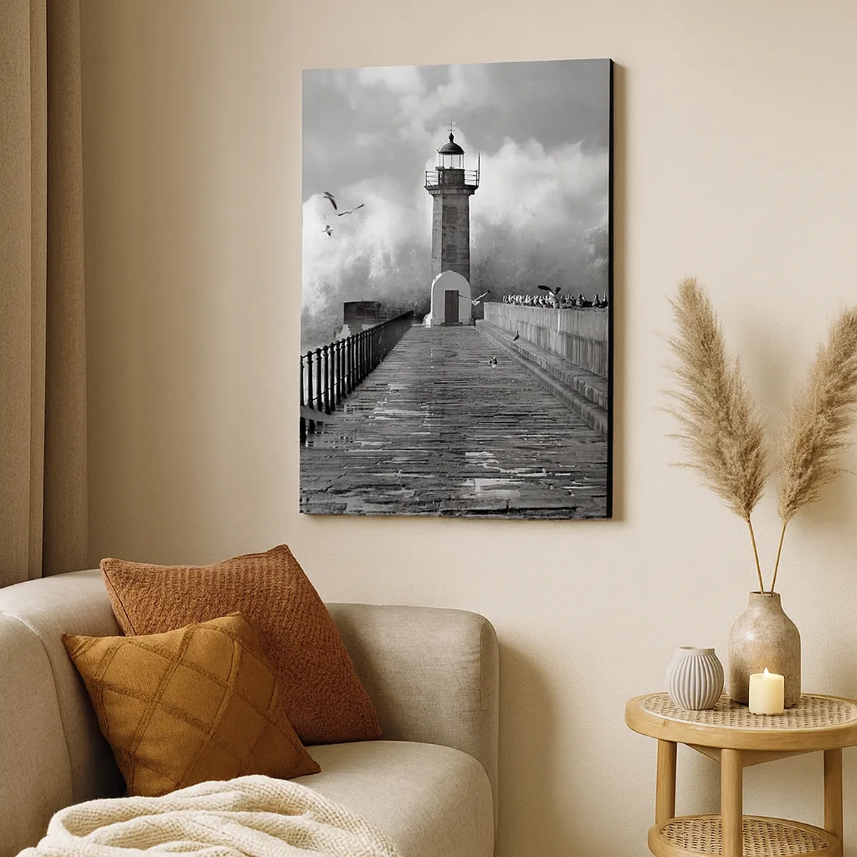 Impression sur toile - Image sur toile - Un phare entouré de vagues pendant une tempête - 50x70cm - Sans peur - Décoration murale moderne pour le salon et la chambre ARTTOR