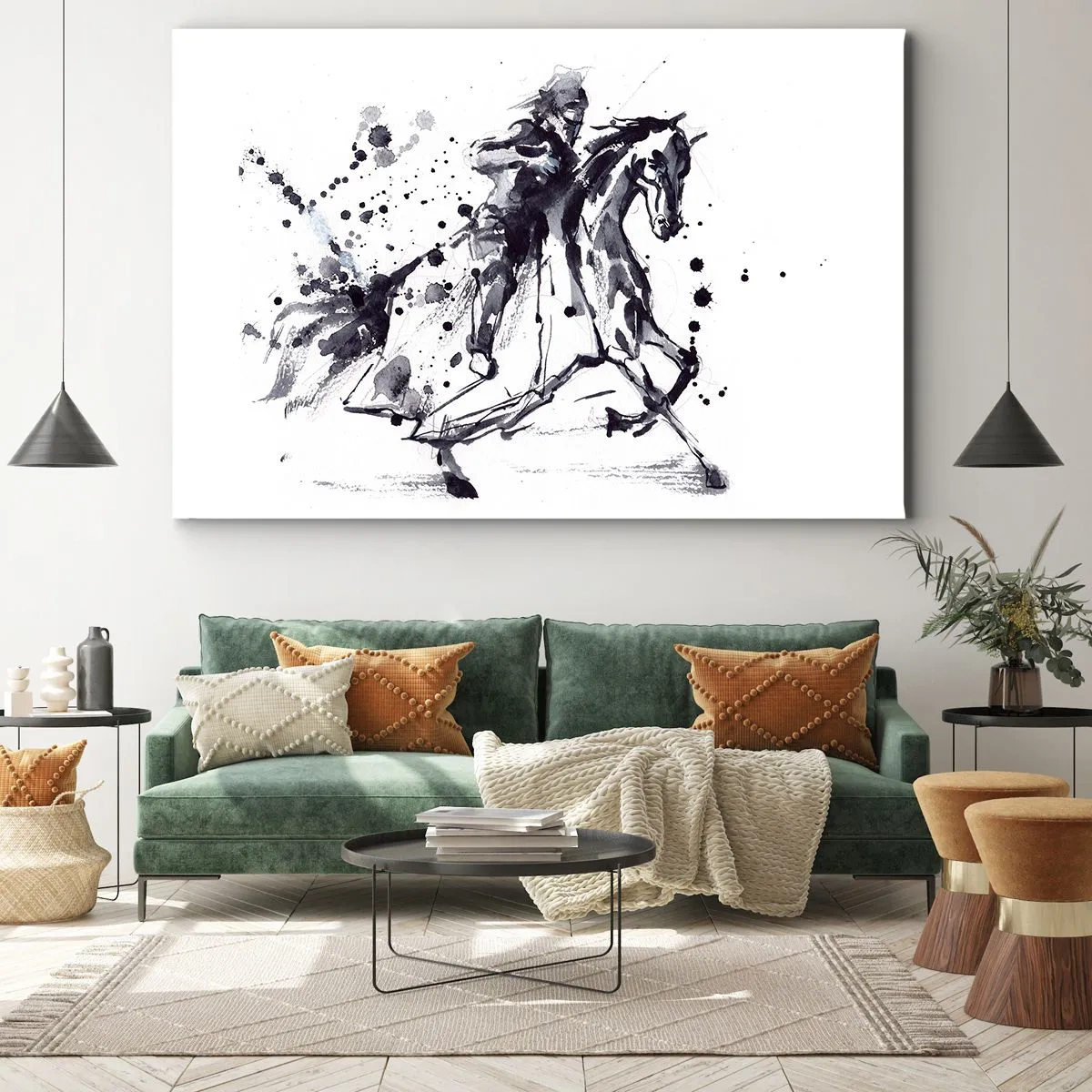 Impression sur toile - Image sur toile - Aquarelle noir et blanc d'un cavalier sur un cheval au galop - 120x80cm - Chevalier noir - Décoration murale moderne pour le salon et la chambre ARTTOR