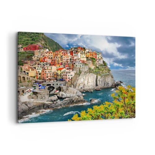 Impression sur toile - Image sur toile - Maisons colorées sur une falaise surplombant la mer aux Cinque Terre - 100x70cm - Un groupe embrassant les rochers - Décoration murale moderne pour le salon et la chambre ARTTOR