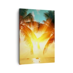 Impression sur toile - Image sur toile - Palmiers illuminés par la chaude lumière du soleil couchant - 50x70cm - Couple exotique - Décoration murale moderne pour le salon et la chambre ARTTOR