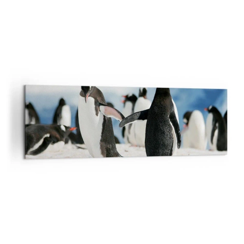 Impression sur toile - Image sur toile - Un groupe de pingouins dans la neige dans un paysage antarctique - 160x50cm - Danser dans la neige - Décoration murale moderne pour le salon et la chambre ARTTOR