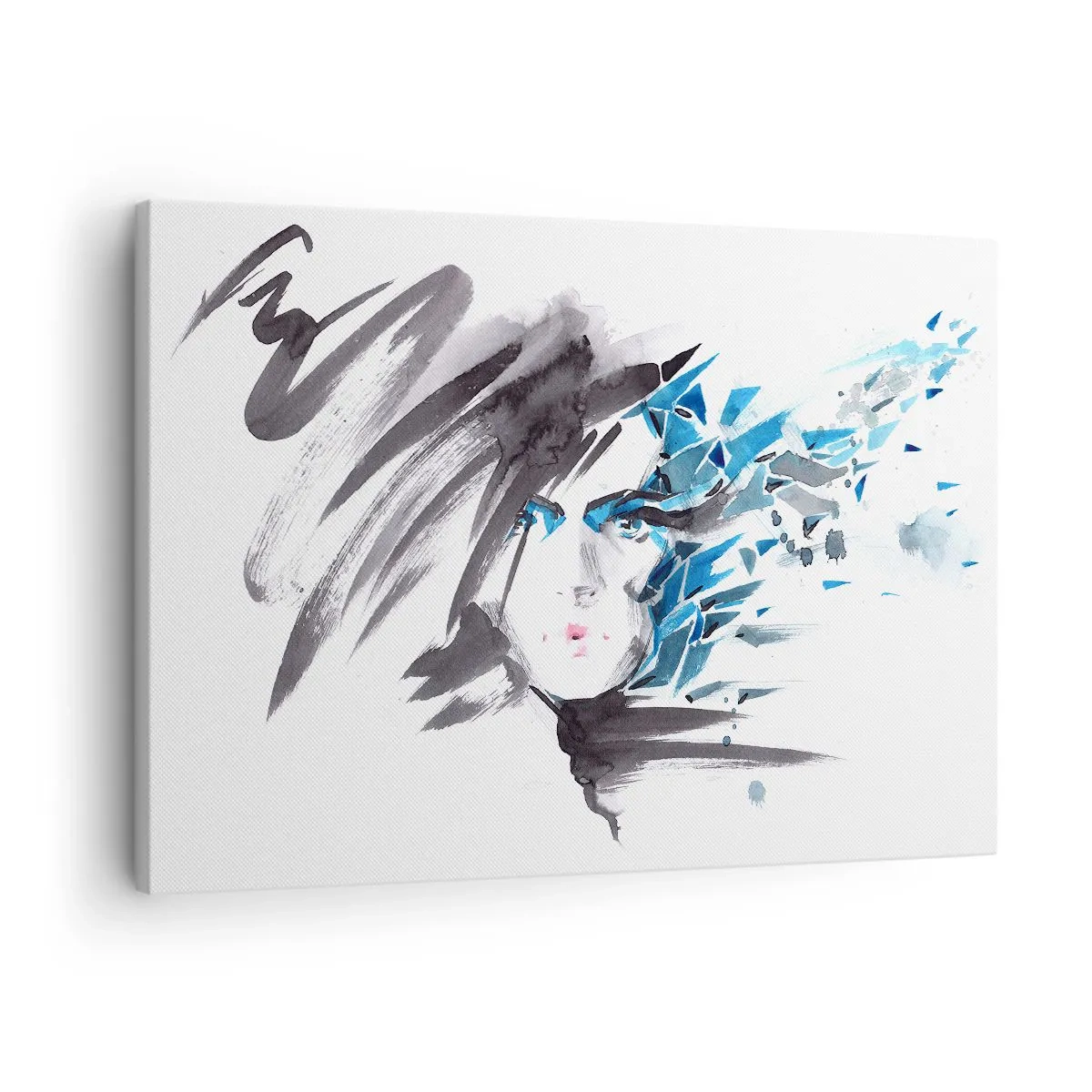 Impression sur toile - Image sur toile - Peinture faciale artistique à l'aquarelle avec des accents bleus - 70x50cm - Portrait sensuel en gris et bleu - Décoration murale moderne pour le salon et la chambre ARTTOR