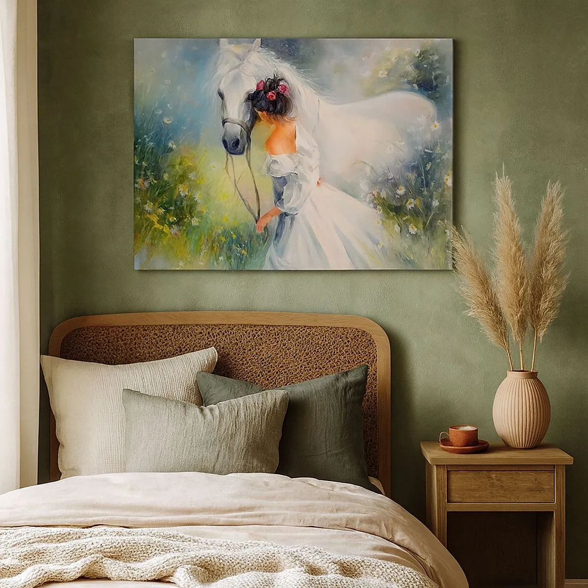 Impression sur toile - Image sur toile - Une femme avec un cheval blanc dans un cadre pittoresque - 70x50cm - Comme dans un beau rêve - Décoration murale moderne pour le salon et la chambre ARTTOR