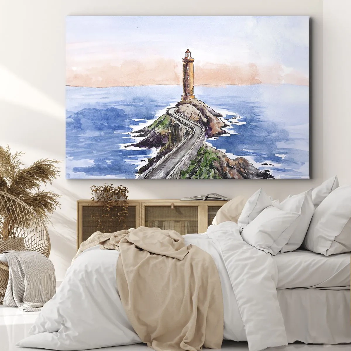 Impression sur toile - Image sur toile - Un phare sur un rivage rocheux - 70x50cm - Face à la mer - Décoration murale moderne pour le salon et la chambre ARTTOR