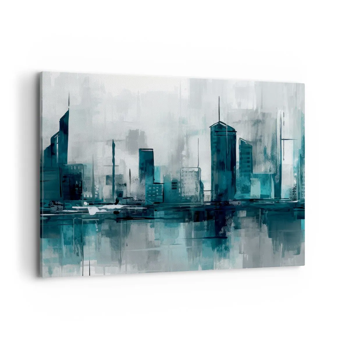 Impression sur toile - Image sur toile - Une ville moderne aux tons turquoise et gris - 100x70cm - Une ville couleur de pluie - Décoration murale moderne pour le salon et la chambre ARTTOR