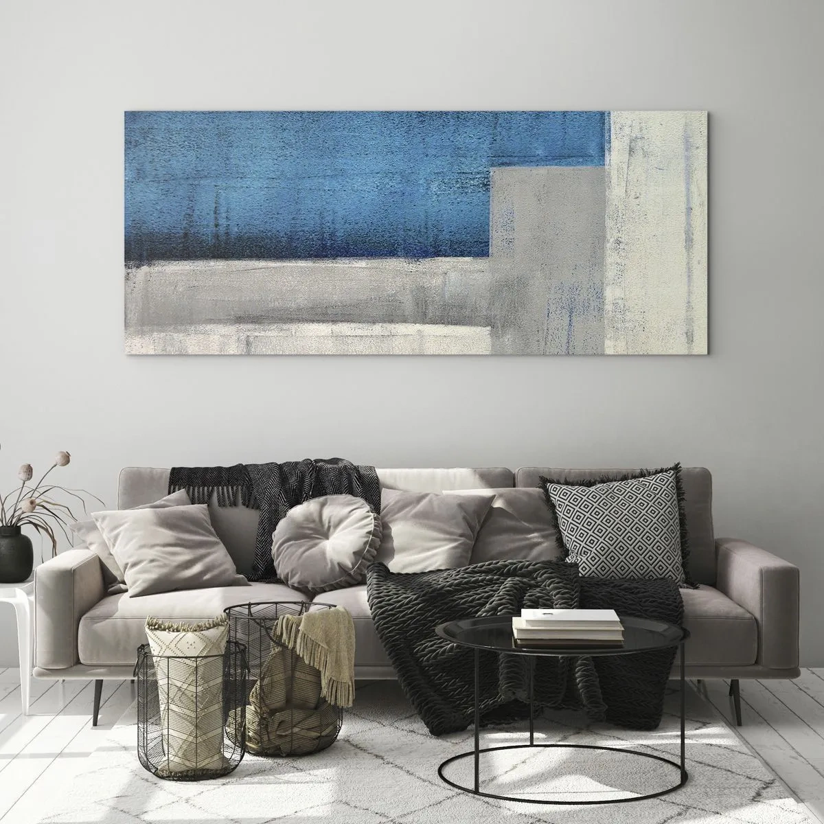 Impression sur verre - Image sur verre - Une composition abstraite avec des nuances de bleu, de gris et de blanc. - 140x50cm - Une composition poétique de gris et de bleu - Décoration murale moderne pour le salon et la chambre ARTTOR
