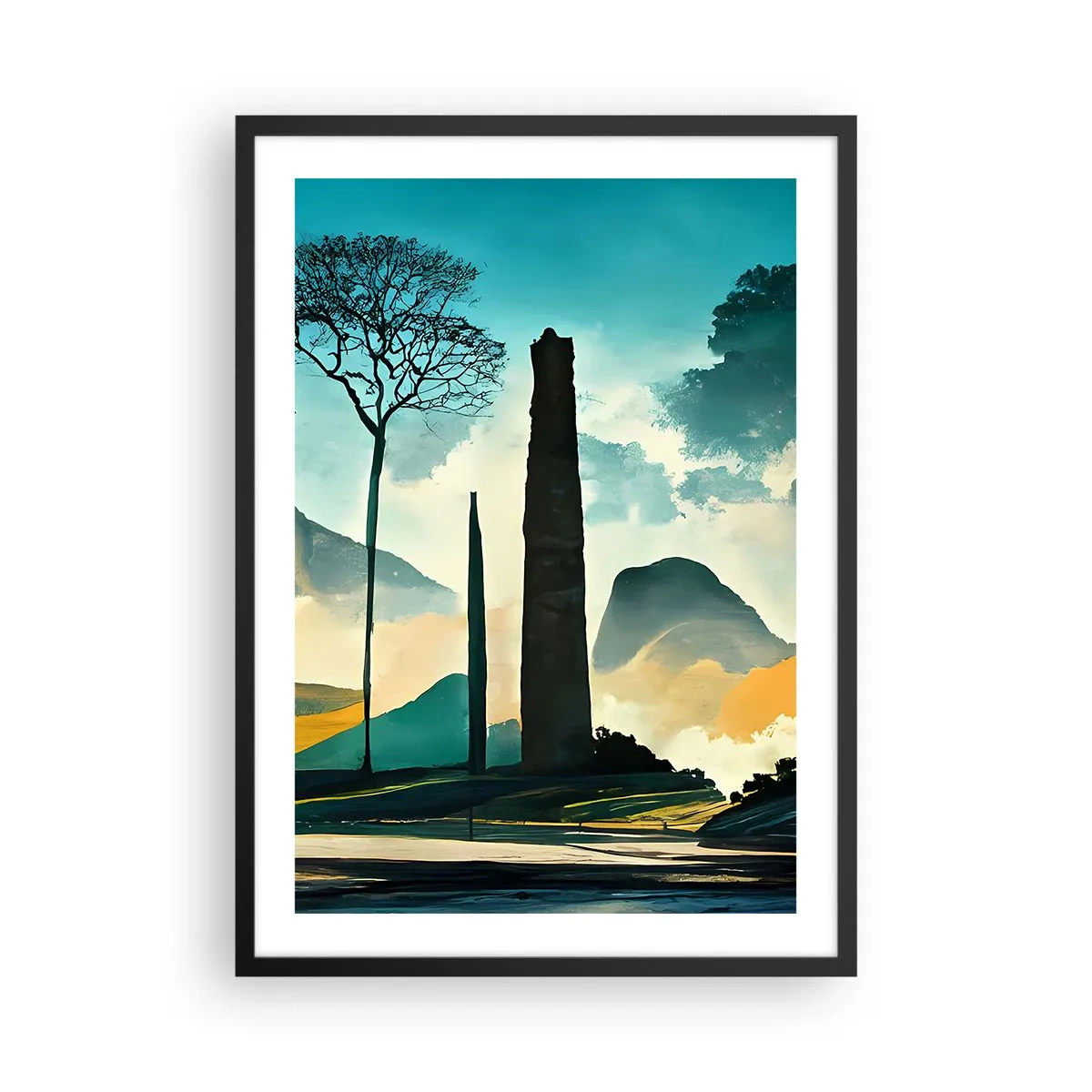Affiche dans un cadre noir - Poster - Un paysage mystérieux avec des obélisques monumentaux - 50x70cm - Toujours de plus en plus haut - Décoration murale moderne pour le salon et la chambre ARTTOR