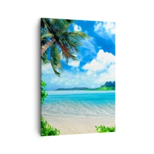 Impression sur toile - Image sur toile - Plage tropicale avec palmiers et vue sur l'île - 50x70cm - L'azur des tropiques - Décoration murale moderne pour le salon et la chambre ARTTOR