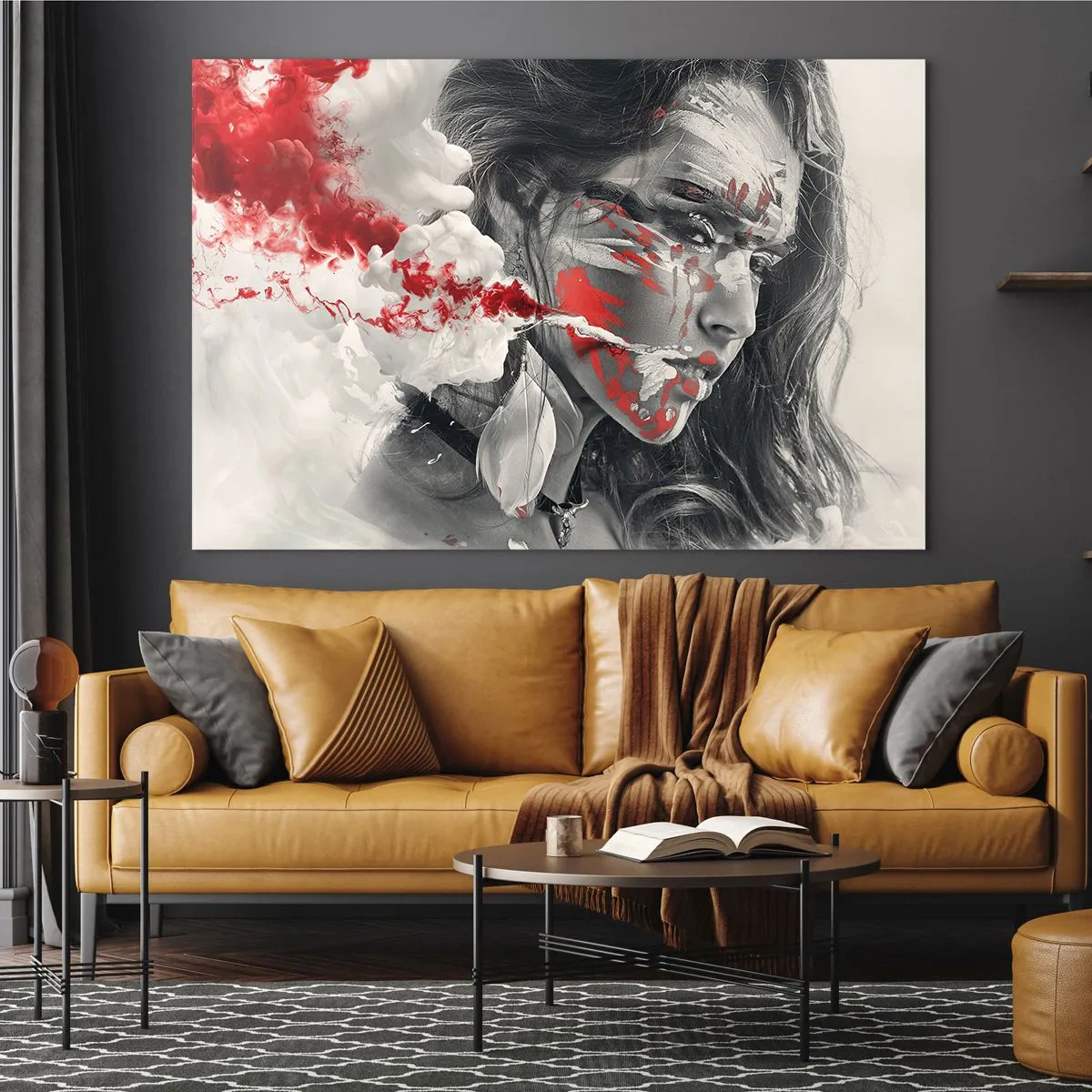 Impression sur verre - Image sur verre - Portrait d'une femme aux motifs abstraits rouges et blancs - 100x70cm - Dans les fumées de l'absurde - Décoration murale moderne pour le salon et la chambre ARTTOR