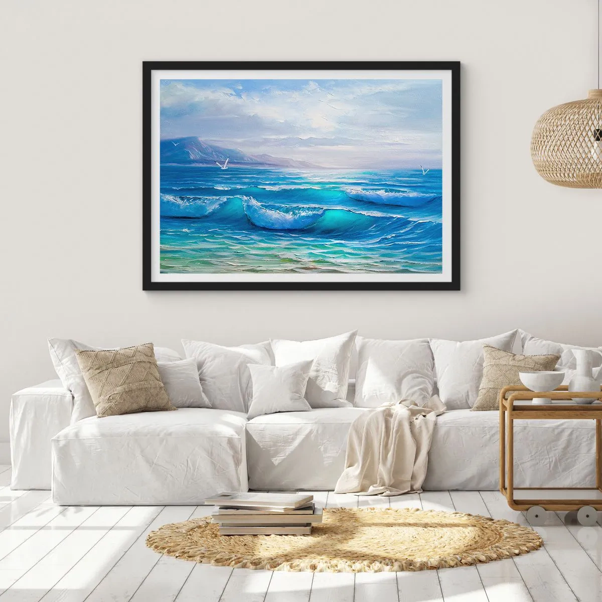 Affiche dans un cadre noir - Poster - Un paysage marin pittoresque avec des vagues et un ciel bleu - 100x70cm - Il apporte un soulagement - Décoration murale moderne pour le salon et la chambre ARTTOR