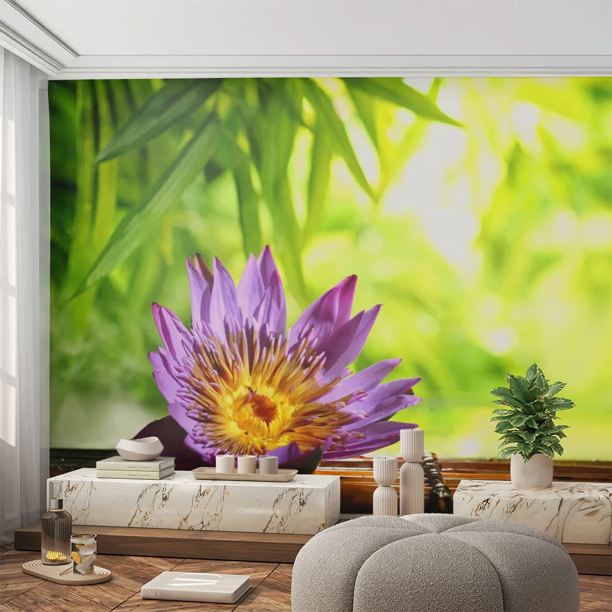 Papier Peint Photo Standard Eco - Sous le soleil asiatique - Fleur, fleur de lotus, Bambou - 150x105 cm