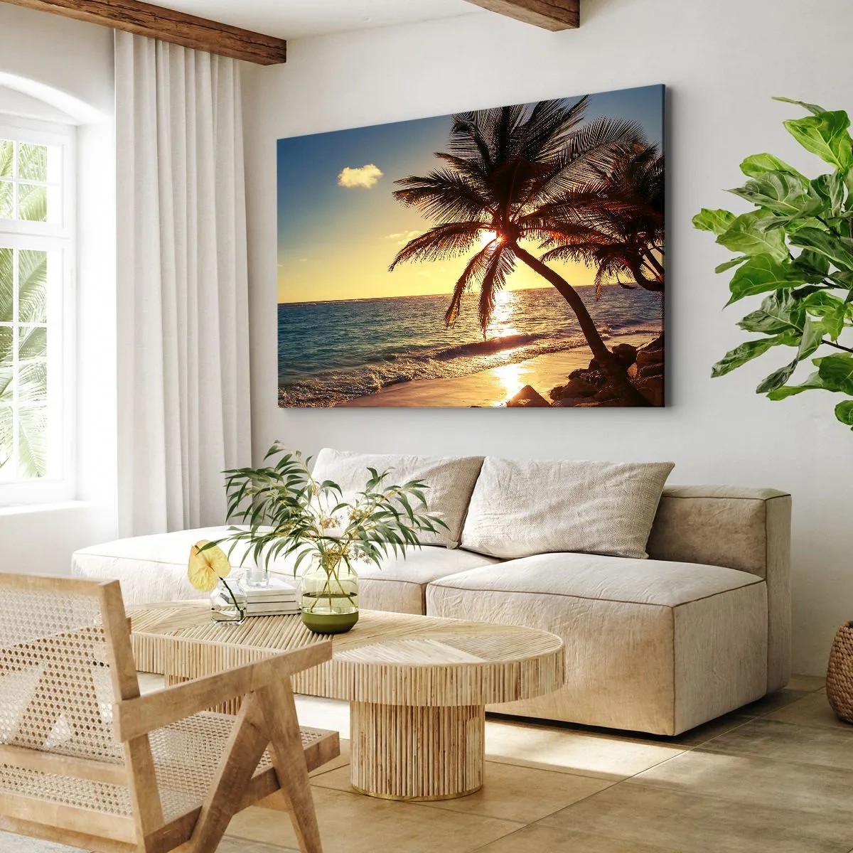Impression sur toile - Image sur toile - Coucher de soleil tropical sur une plage avec des palmiers - 100x70cm - L'été sous les palmiers - Décoration murale moderne pour le salon et la chambre ARTTOR