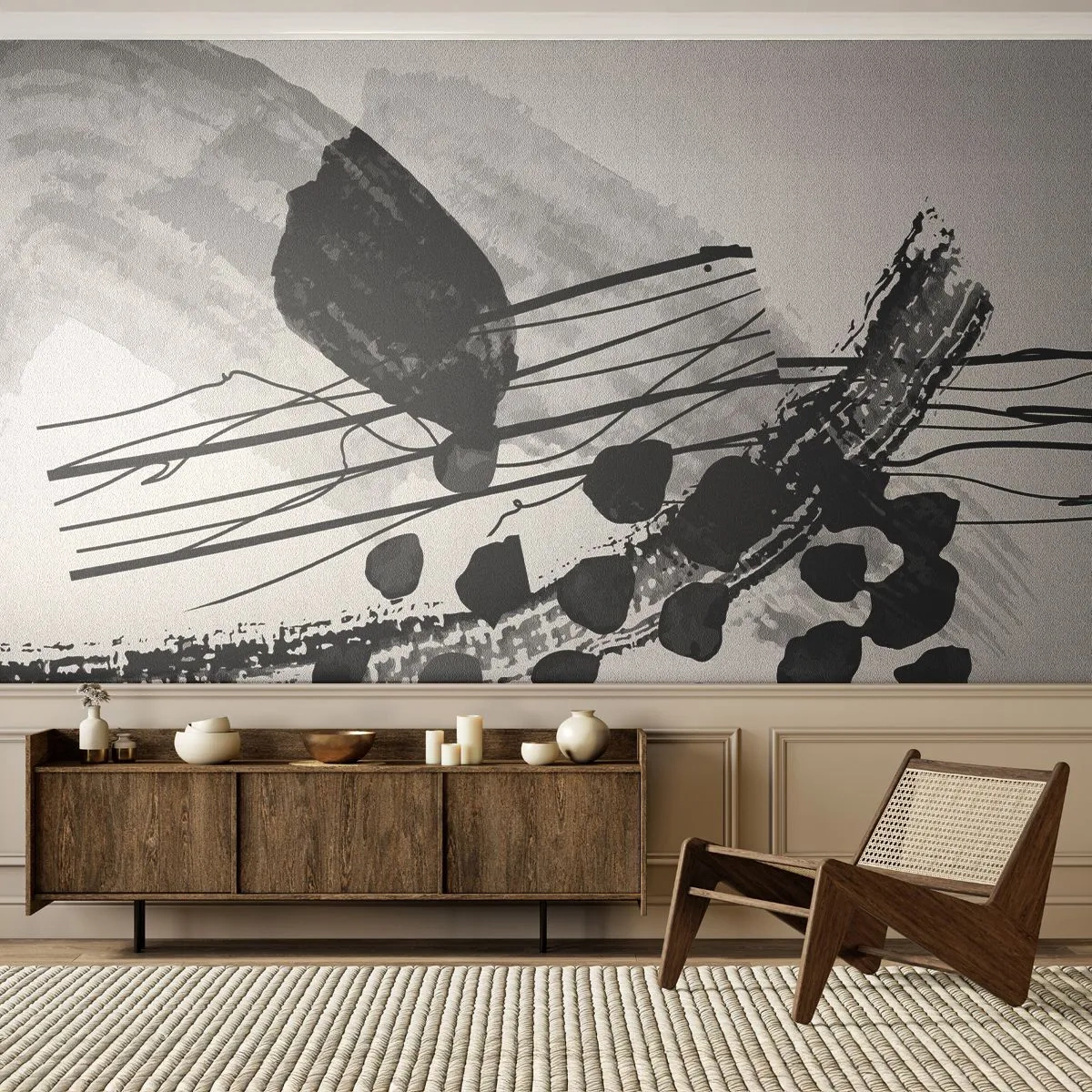 Papier Peint Photo Premium Sand - Abstraction en noir et blanc avec des lignes et des taches organiques - 100x70cm - Abstraction organique noir et blanc - Décoration murale moderne pour le salon et la chambre ARTTOR