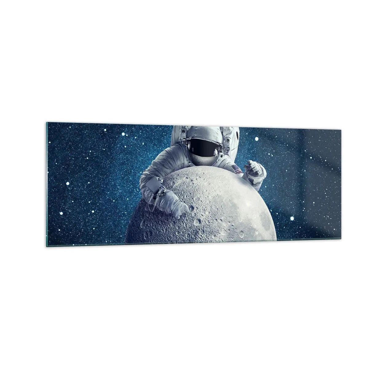 Impression sur verre - Image sur verre - Astronaute tenant la lune dans un ciel étoilé - 140x50cm - Comique de l'espace - Décoration murale moderne pour le salon et la chambre ARTTOR
