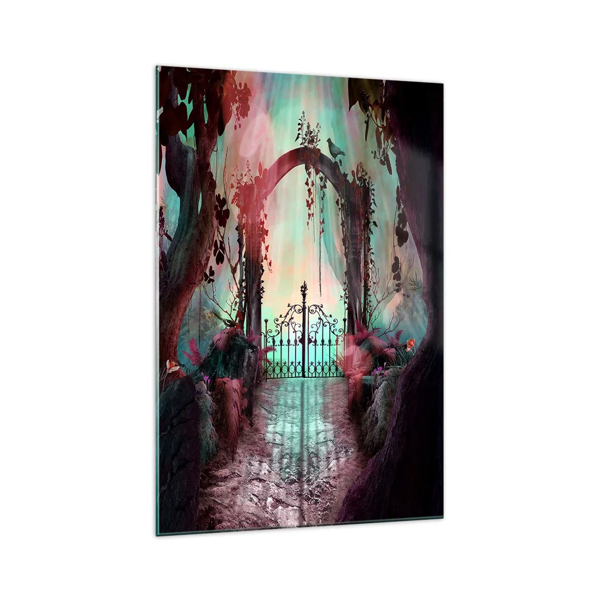 Impression sur verre - Image sur verre - Une entrée magique avec un portail en fer forgé entouré d'une végétation mystérieuse - 70x100cm - Jardin secret - Décoration murale moderne pour le salon et la chambre ARTTOR