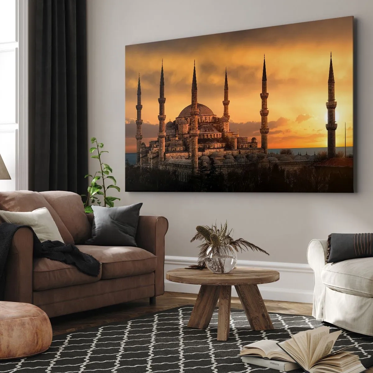 Impression sur toile - Image sur toile - La mosquée au coucher du soleil aux couleurs chaudes - 120x80cm - Dieu est grand - Décoration murale moderne pour le salon et la chambre ARTTOR