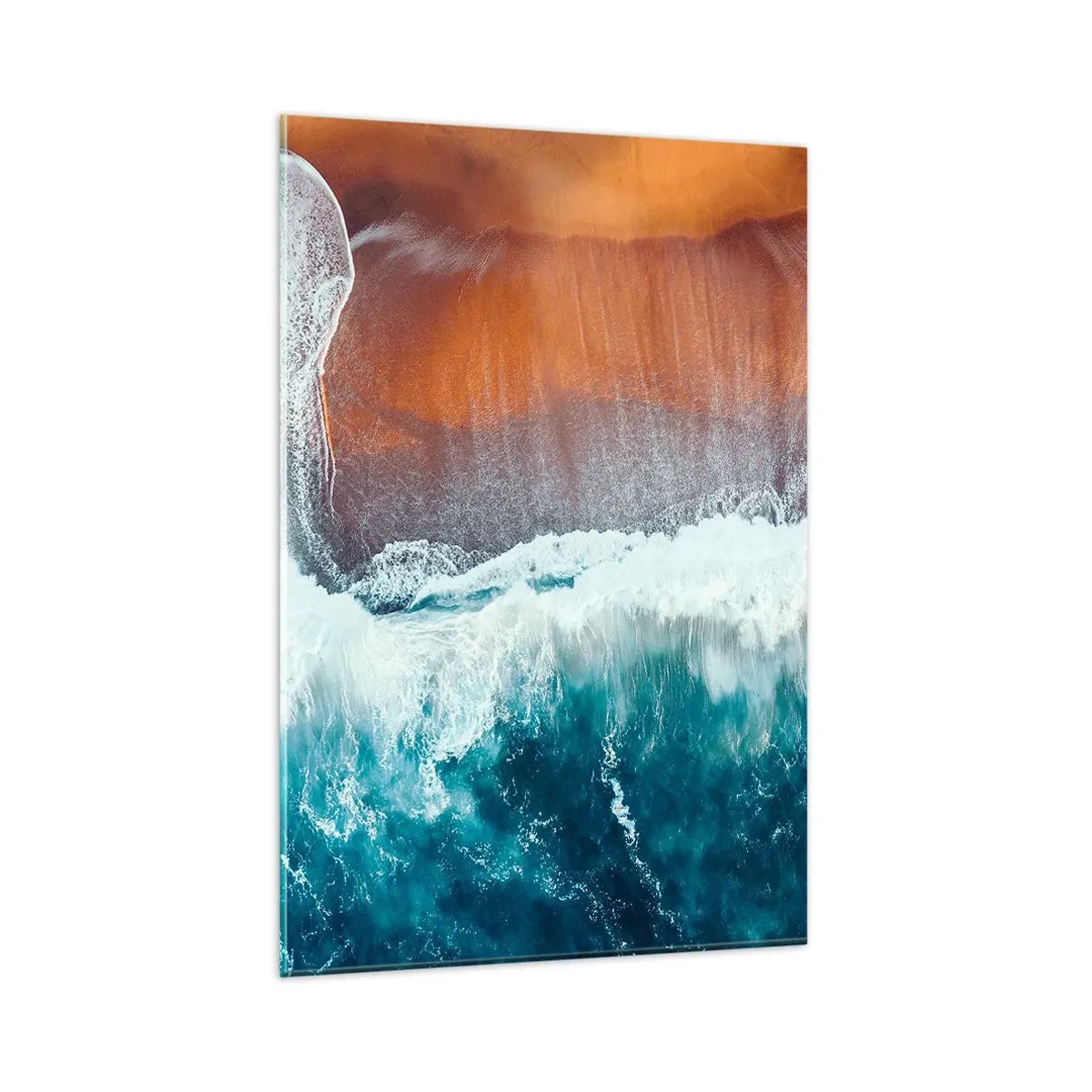 Impression sur verre - Image sur verre - Une vue des vagues de l'océan s'écrasant sur la plage dorée - 80x120cm - Caresse de l'océan - Décoration murale moderne pour le salon et la chambre ARTTOR