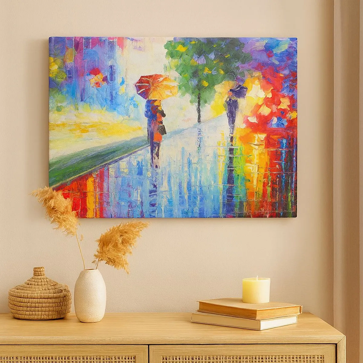 Impression sur toile - Image sur toile - Une promenade avec un parapluie dans un paysage pluvieux coloré - 70x50cm - Et tout est clair - Décoration murale moderne pour le salon et la chambre ARTTOR