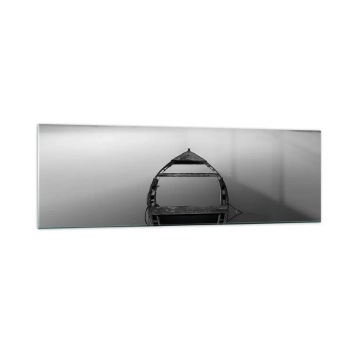 Impression sur verre - Image sur verre - Un bateau solitaire sur un lac calme dans des tons de noir et blanc - 160x50cm - Nostalgie et mélancolie - Décoration murale moderne pour le salon et la chambre ARTTOR