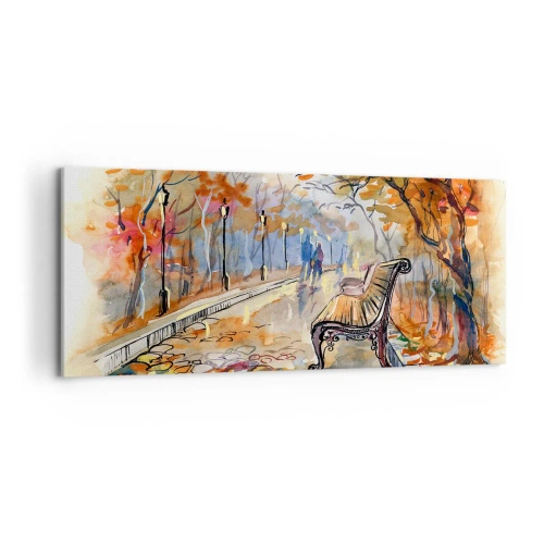 Impression sur toile - Image sur toile - Un parc d'automne avec un banc à l'aquarelle - 120x50cm - Errer ensemble à l'automne - Décoration murale moderne pour le salon et la chambre ARTTOR