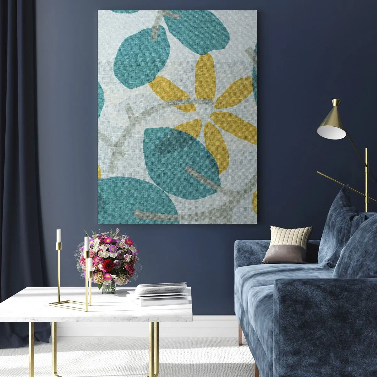 Impression sur verre - Image sur verre - Un graphique végétal avec des feuilles azur et des fleurs jaunes - 50x70cm - Wśród lazurowych liści - Décoration murale moderne pour le salon et la chambre ARTTOR