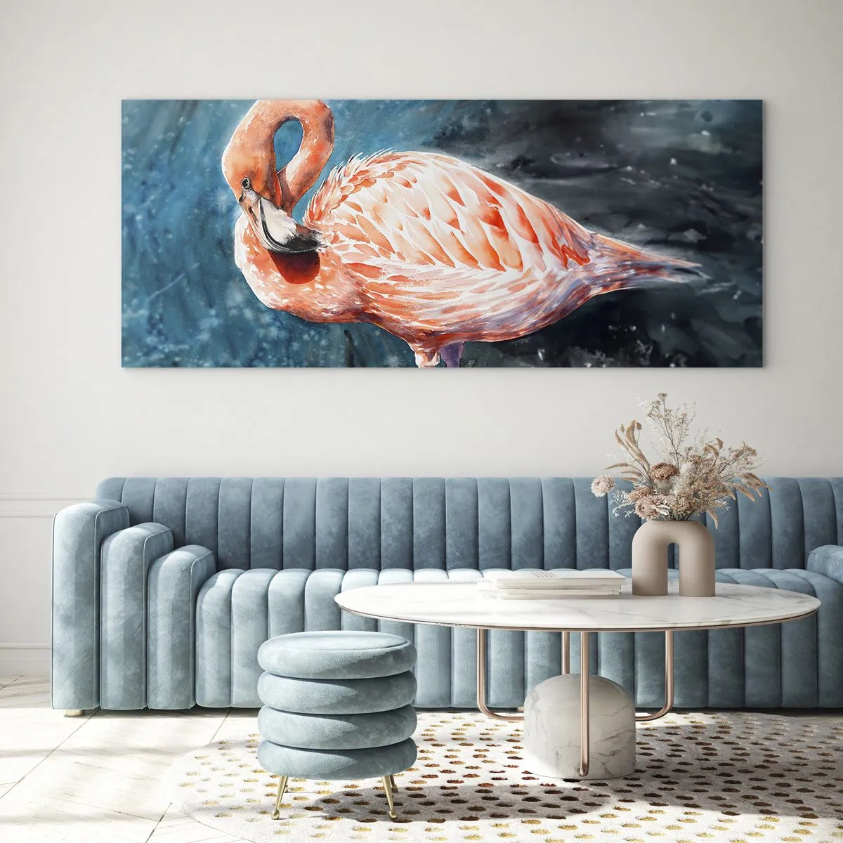 Impression sur verre - Image sur verre - Un flamant rose sur un fond bleu aquarelle - 140x50cm - Décoratif par nature - Décoration murale moderne pour le salon et la chambre ARTTOR