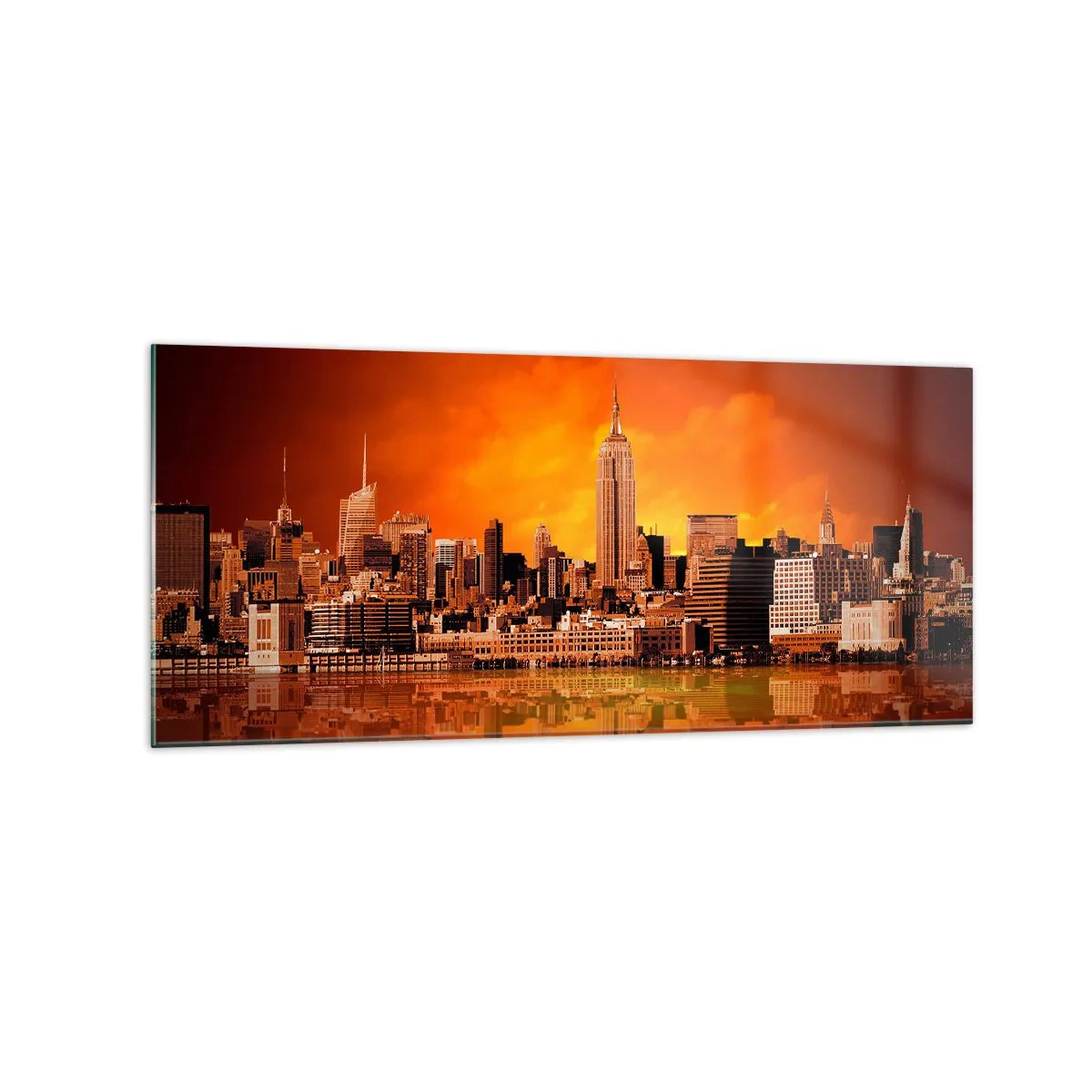 Impression sur verre - Image sur verre - Panorama de la ville au coucher du soleil avec les bâtiments se reflétant dans l'eau - 120x50cm - Panorama de grande ville en jaune et bronze - Décoration murale moderne pour le salon et la chambre ARTTOR