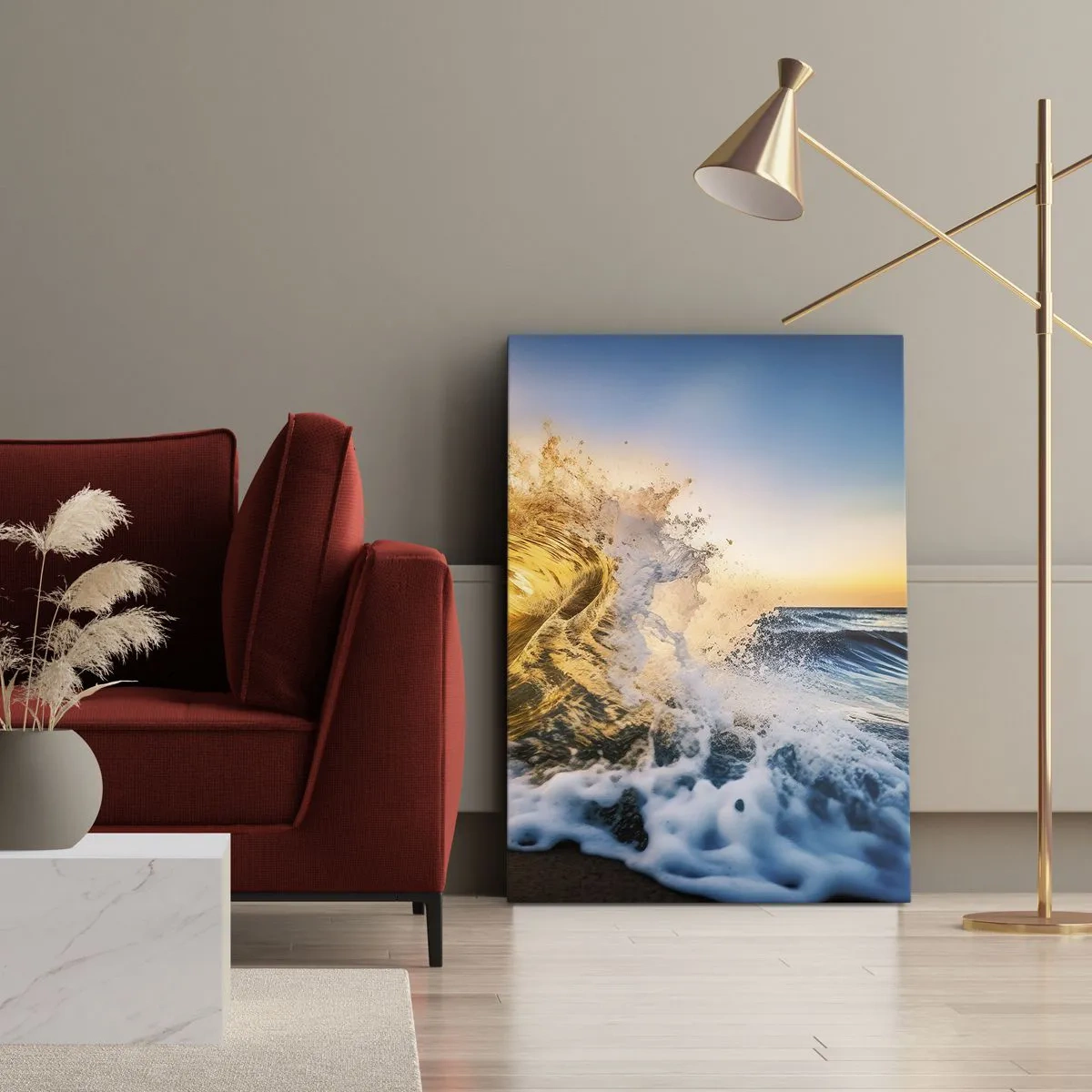 Impression sur toile - Image sur toile - Une vague dorée sur fond de soleil couchant - 80x120cm - S'amuser dans le sable - Décoration murale moderne pour le salon et la chambre ARTTOR