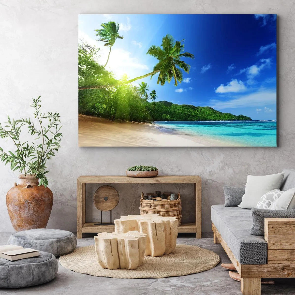 Impression sur toile - Image sur toile - Plage tropicale avec palmiers et mer turquoise - 120x80cm - La douceur des tropiques - Décoration murale moderne pour le salon et la chambre ARTTOR