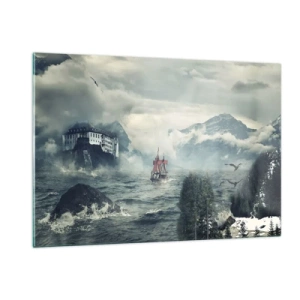 Impression sur verre - Image sur verre - Un navire sur une mer agitée avec un château en arrière-plan - 120x80cm - Dans l'eau magique - Décoration murale moderne pour le salon et la chambre ARTTOR