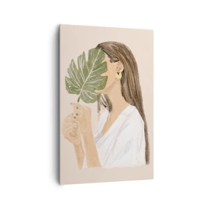 Impression sur toile - Image sur toile - Portrait d'une femme avec une feuille de monstera sur fond beige - 80x120cm - Portrait mystérieux avec un éventail - Décoration murale moderne pour le salon et la chambre ARTTOR