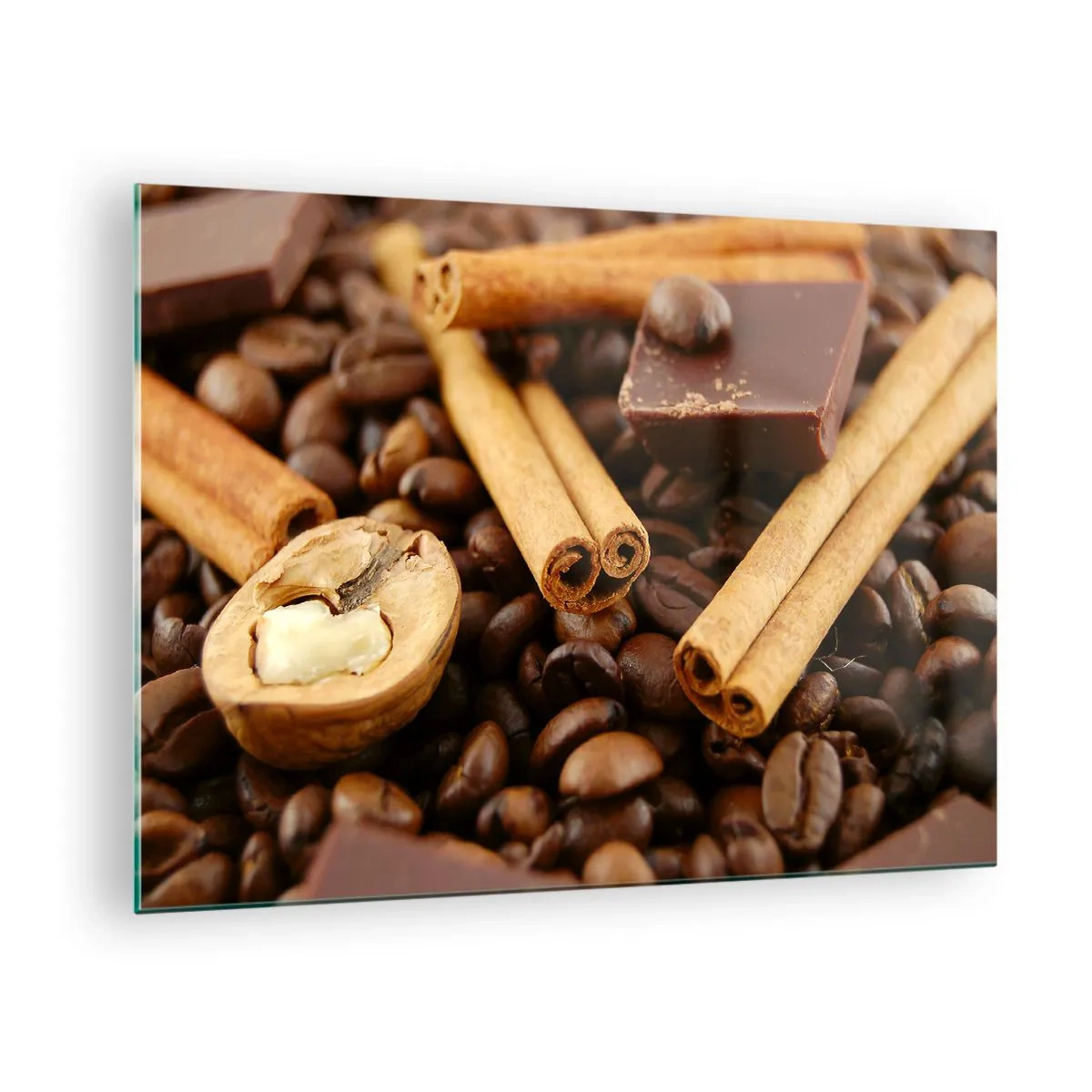 Impression sur verre - Image sur verre - Gros plan sur le café, la cannelle, le chocolat et les noix - 70x50cm - Concert d'aromates - Décoration murale moderne pour le salon et la chambre ARTTOR