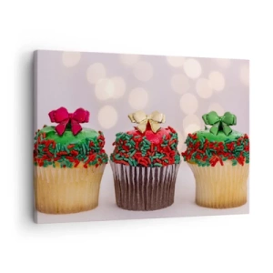 Impression sur toile - Image sur toile - Cupcakes de Noël avec des paillettes et des nœuds colorés - 70x50cm - Une sucrerie après la cocarde - Décoration murale moderne pour le salon et la chambre ARTTOR