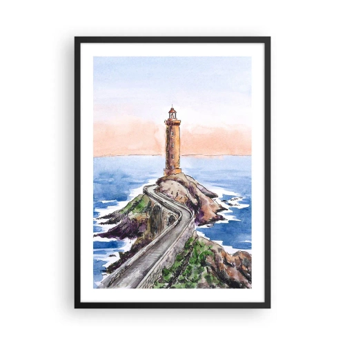 Affiche dans un cadre noir - Poster - Illustration à l'aquarelle d'un phare sur une côte rocheuse - 50x70cm - Face à la mer - Décoration murale moderne pour le salon et la chambre ARTTOR