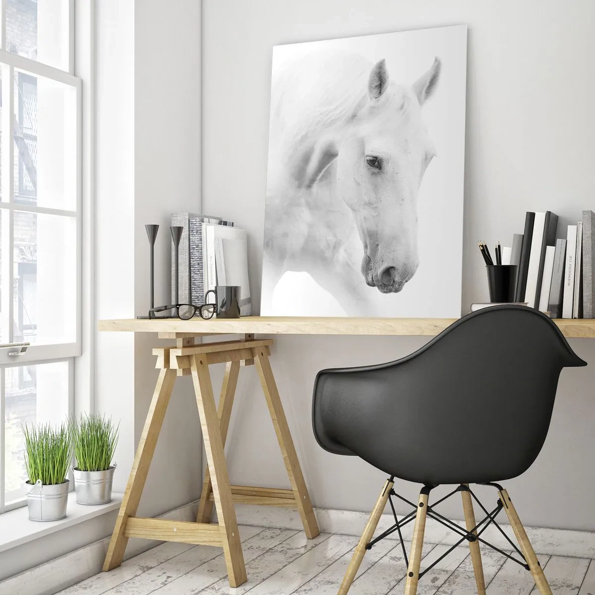 Impression sur verre - Image sur verre - Deux chevaux blancs se faisant face sur un fond clair - 50x70cm - Serait-ce de l’amitié? - Décoration murale moderne pour le salon et la chambre ARTTOR