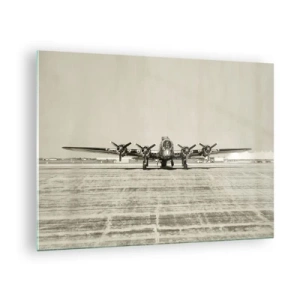 Impression sur verre - Image sur verre - Avion historique à l'aéroport en style sépia - 70x50cm - Toujours prêt! - Décoration murale moderne pour le salon et la chambre ARTTOR
