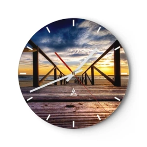 Horloge murale - Pendule murale - Coucher de soleil vu depuis une jetée en bois sur la plage - 30x30cm - Directement sur une plage calme au coucher de soleil - Décoration murale moderne pour le salon, la cuisine et la chambre ARTTOR