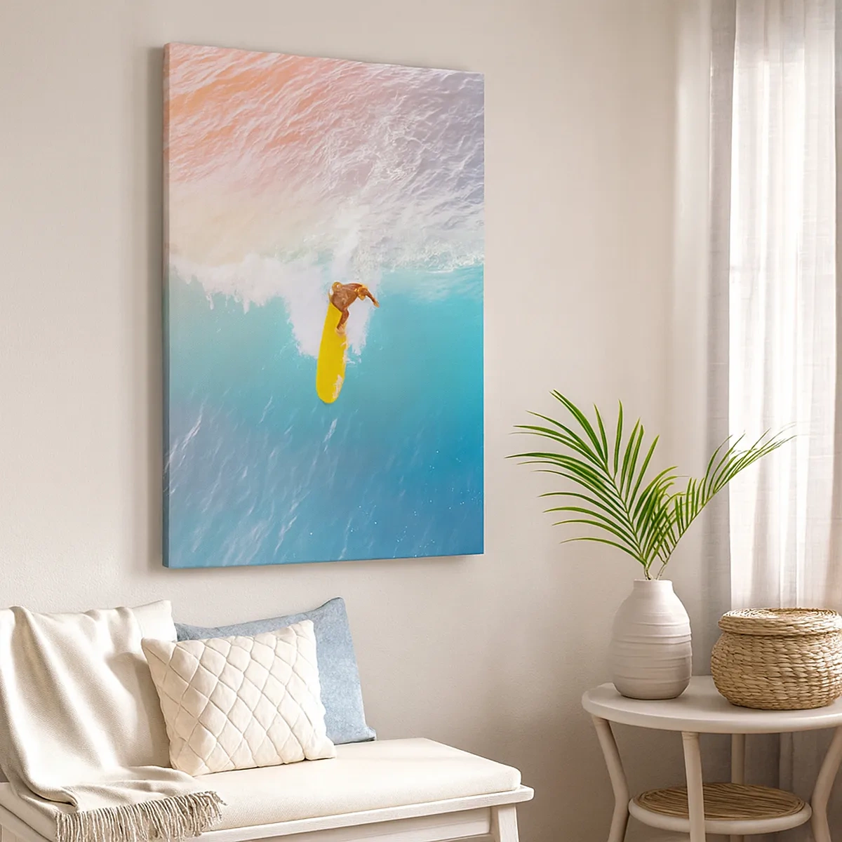 Impression sur toile - Image sur toile - Surfeur sur une vague aux couleurs pastel - 50x70cm - Le cavalier de l'océan - Décoration murale moderne pour le salon et la chambre ARTTOR